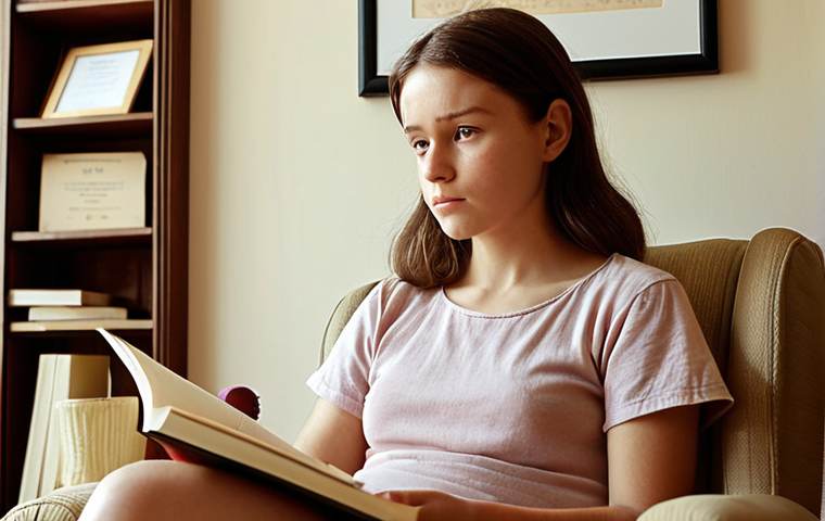 **
A person sitting in a comfortable armchair, bathed in soft light, holding a journal and pen. They have a thoughtful expression, gazing slightly upwards. Around them are subtle visual cues representing past experiences (e.g., a framed certificate on a shelf for success, a subtly damaged toy representing a past failure). The overall feel is calm, introspective, and inviting. Focus on warm, muted colors.
**