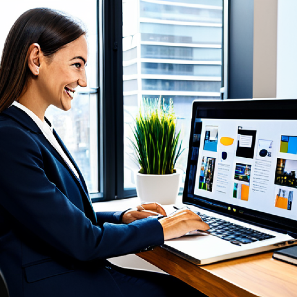 "Career Growth Visualization"**
A motivated professional woman, fully clothed in a stylish and modest business casual outfit (dress pants and a blazer, or a smart sweater and skirt), sitting at a bright, modern desk. She's smiling slightly and looking at a vision board filled with inspiring images of career milestones, learning resources, and networking opportunities. Her workspace is tidy and organized, with a laptop, a notebook, and a coffee mug. Outside the window, a vibrant cityscape is visible. Perfect anatomy, correct proportions, well-formed hands, proper finger count, natural body proportions. Safe for work, appropriate content, fully clothed, professional, family-friendly. High quality, realistic rendering.
**