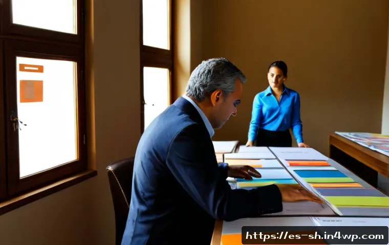 업무 프로세스와 지식 갭의 관계 - Photorealistic modern Spanish office, a middle-aged project manager reviewing a clear workflow board...
